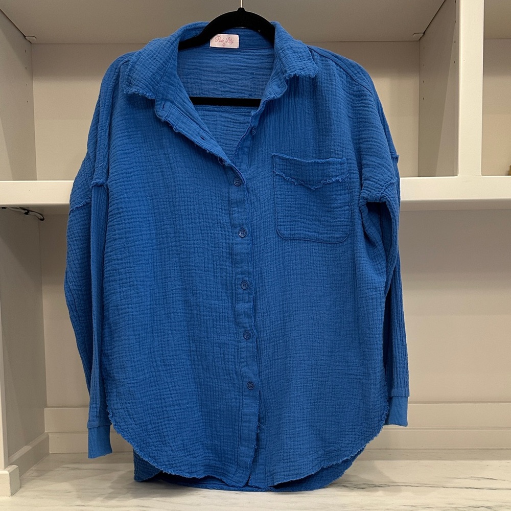 Pink Lily Electric Blue Button-Down Gauze Shirt